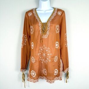 Burnt Orange Embroidered Tunic Top Womens Small Austin Texas Boho Game Day Beach